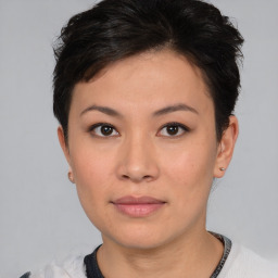 Neutral asian young-adult female with short  brown hair and brown eyes