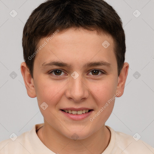 Joyful white child male with short  brown hair and brown eyes