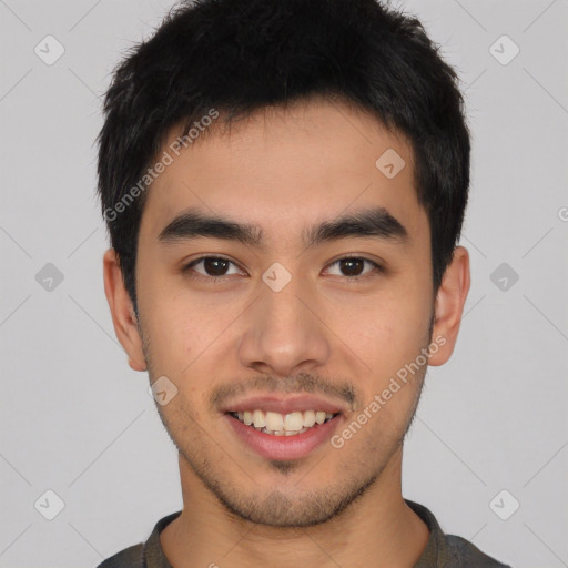 Joyful latino young-adult male with short  black hair and brown eyes