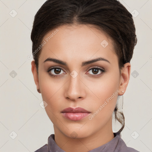 Neutral white young-adult female with short  brown hair and brown eyes