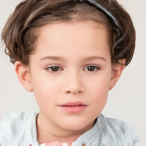 Joyful white child female with short  brown hair and brown eyes