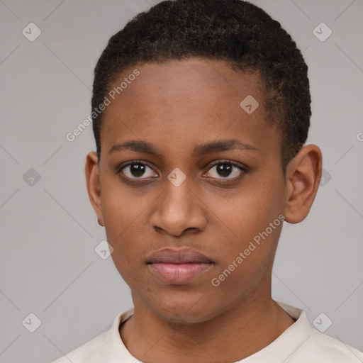 Neutral latino young-adult female with short  brown hair and brown eyes