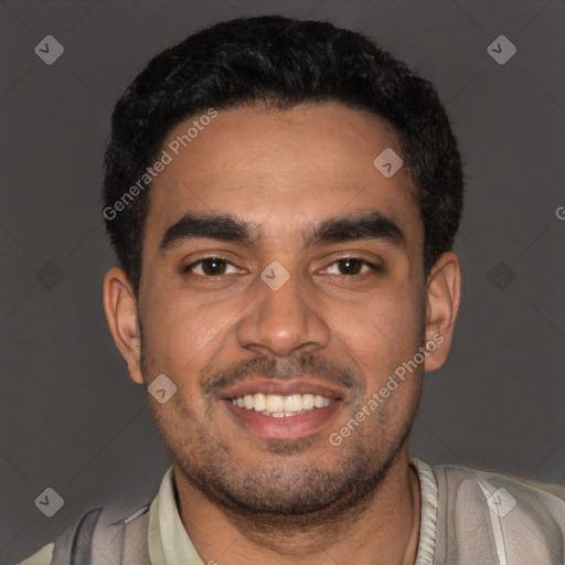 Joyful latino young-adult male with short  black hair and brown eyes