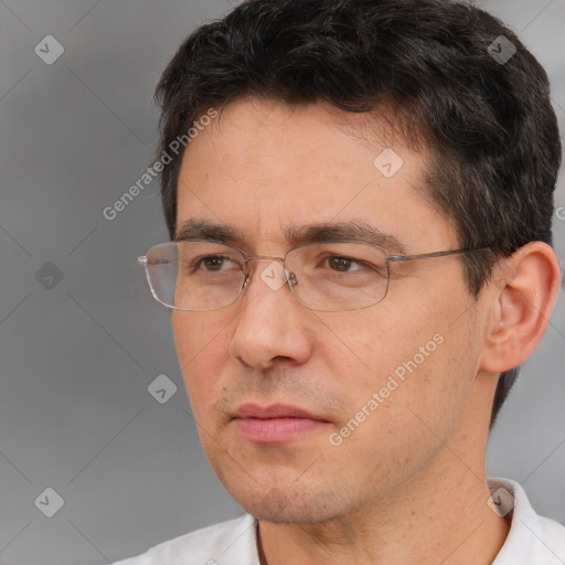 Neutral white adult male with short  brown hair and brown eyes