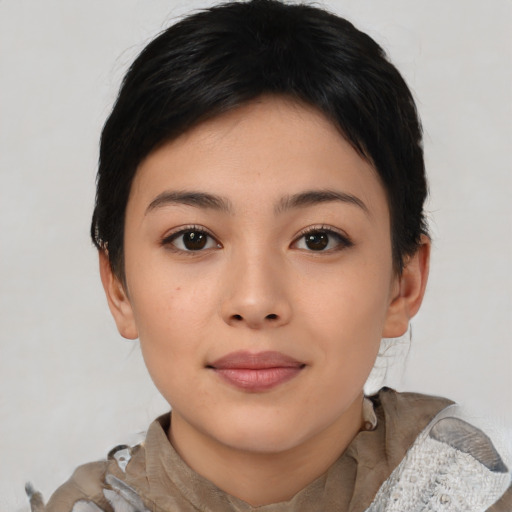 Joyful asian young-adult female with medium  black hair and brown eyes