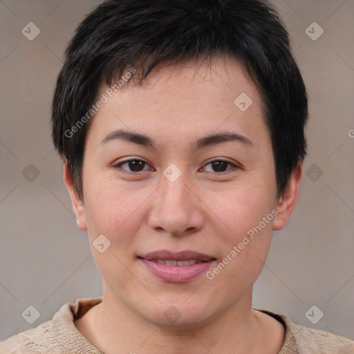 Joyful asian young-adult female with short  brown hair and brown eyes