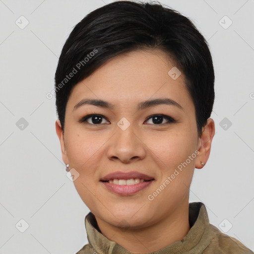 Joyful asian young-adult female with short  brown hair and brown eyes