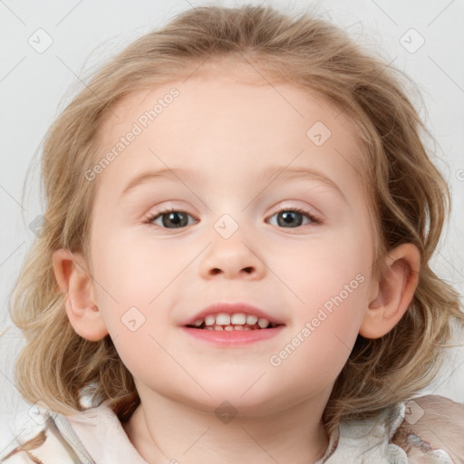 Joyful white child female with medium  brown hair and blue eyes