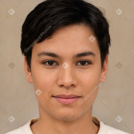 Joyful asian young-adult female with short  black hair and brown eyes