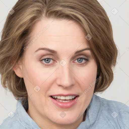 Joyful white young-adult female with medium  brown hair and blue eyes