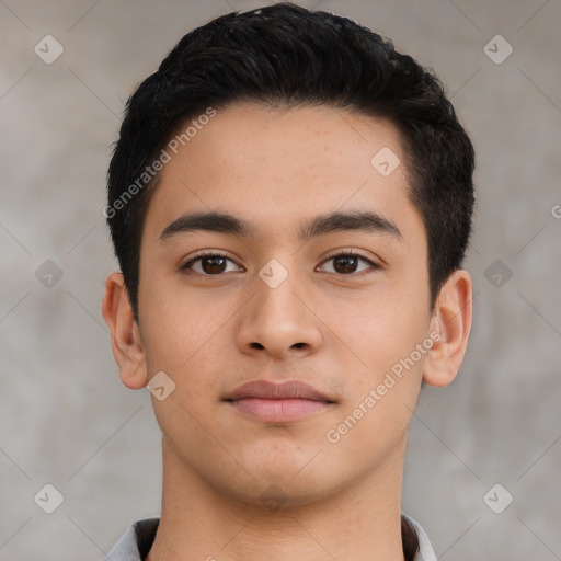 Neutral latino young-adult male with short  black hair and brown eyes