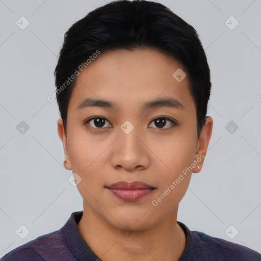 Neutral asian young-adult female with short  black hair and brown eyes