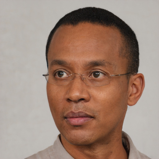 Neutral black adult male with short  black hair and brown eyes