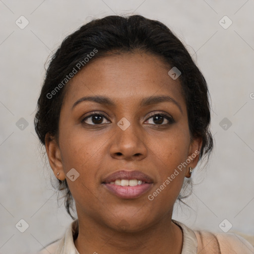 Joyful black young-adult female with medium  brown hair and brown eyes