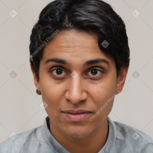 Joyful latino young-adult female with short  brown hair and brown eyes