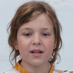 Joyful white child female with medium  brown hair and grey eyes