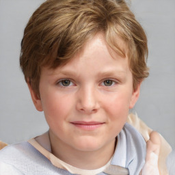 Joyful white child female with short  brown hair and grey eyes