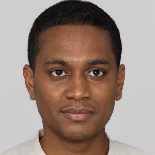 Neutral black young-adult male with short  black hair and brown eyes