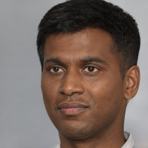 Neutral black young-adult male with short  black hair and brown eyes