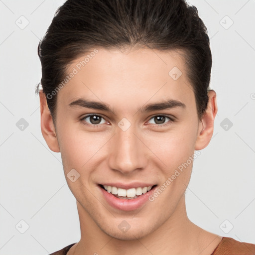 Joyful white young-adult female with short  brown hair and brown eyes