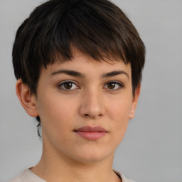 Neutral white young-adult female with short  brown hair and brown eyes