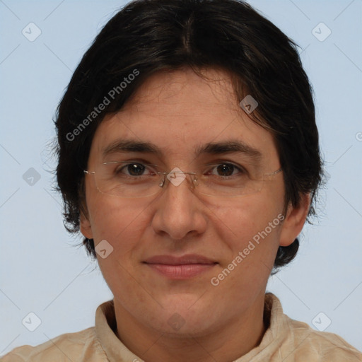 Joyful white adult female with medium  brown hair and brown eyes