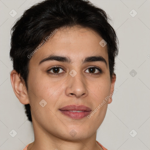 Joyful white young-adult female with short  brown hair and brown eyes