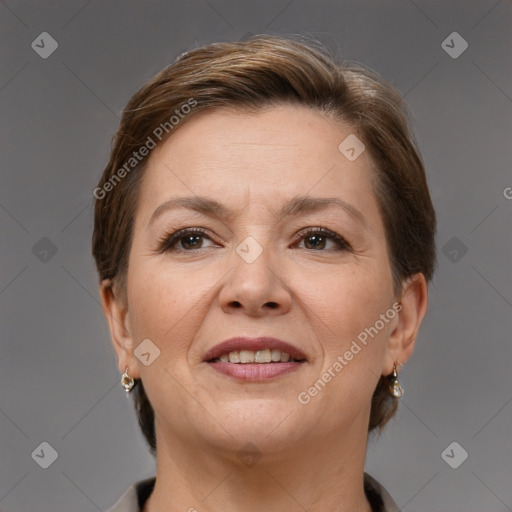 Joyful white adult female with short  brown hair and brown eyes