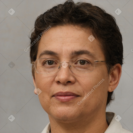 Joyful white adult female with short  brown hair and brown eyes