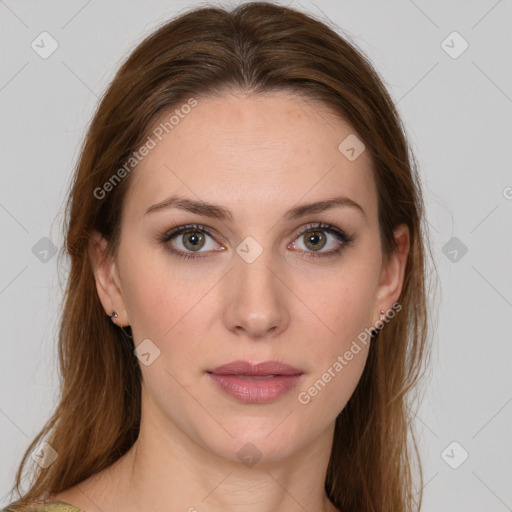 Neutral white young-adult female with medium  brown hair and brown eyes