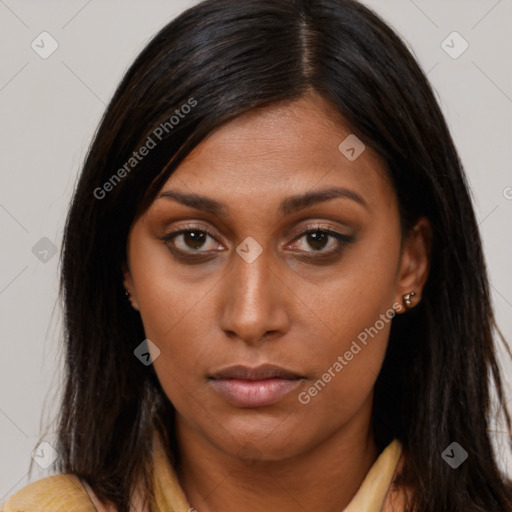 Neutral asian young-adult female with long  brown hair and brown eyes