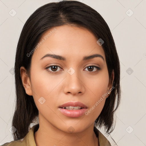 Neutral white young-adult female with medium  brown hair and brown eyes