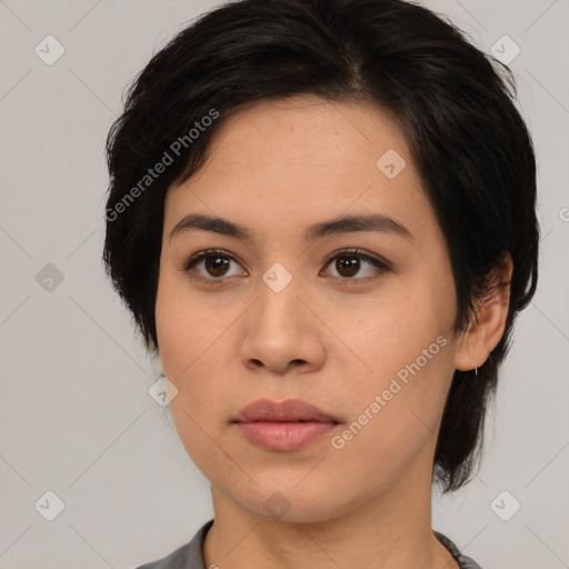 Neutral asian young-adult female with medium  brown hair and brown eyes