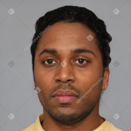 Neutral latino young-adult male with short  black hair and brown eyes