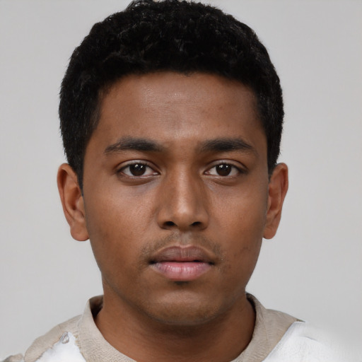 Neutral black young-adult male with short  black hair and brown eyes