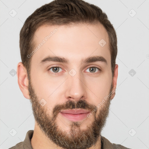 Neutral white young-adult male with short  brown hair and brown eyes