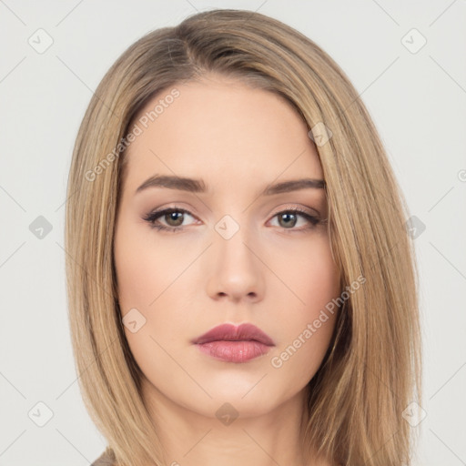 Neutral white young-adult female with long  brown hair and brown eyes