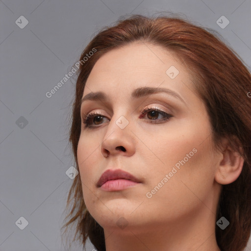 Neutral white young-adult female with medium  brown hair and brown eyes