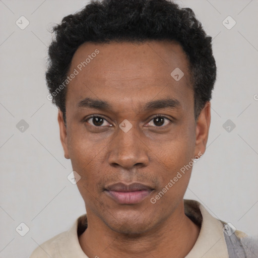 Neutral latino adult male with short  black hair and brown eyes