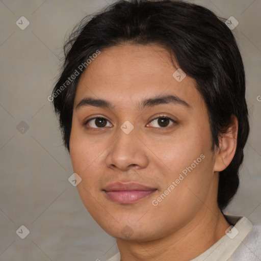 Joyful asian young-adult female with short  brown hair and brown eyes