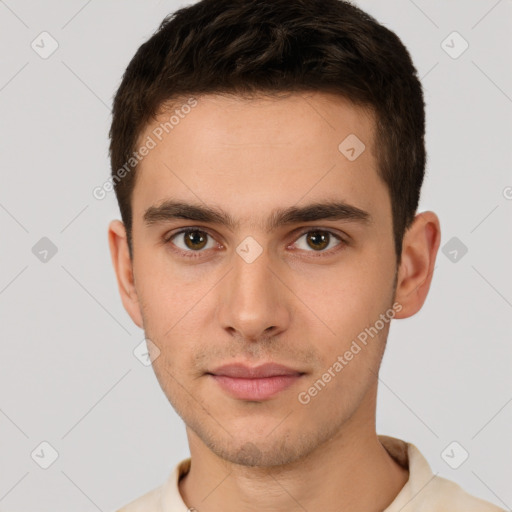 Neutral white young-adult male with short  brown hair and brown eyes