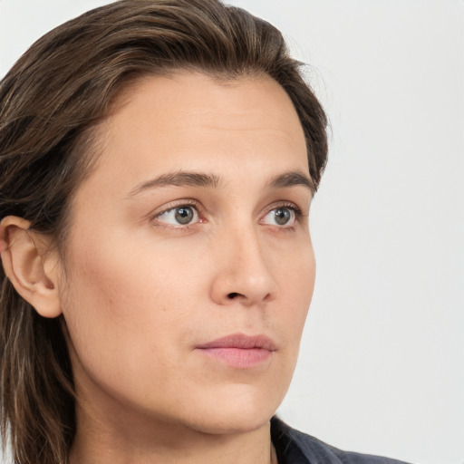 Neutral white young-adult female with long  brown hair and grey eyes