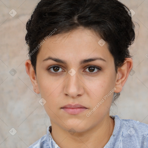 Neutral white young-adult female with short  brown hair and brown eyes