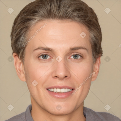 Joyful white adult female with short  brown hair and brown eyes