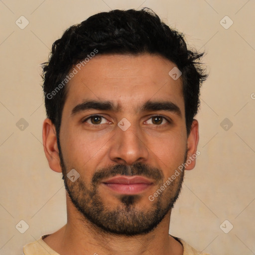 Neutral latino young-adult male with short  black hair and brown eyes