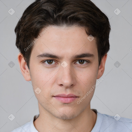 Neutral white young-adult male with short  brown hair and brown eyes