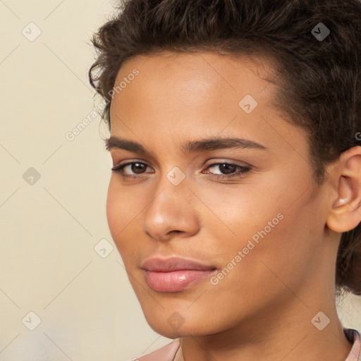 Neutral white young-adult female with short  brown hair and brown eyes