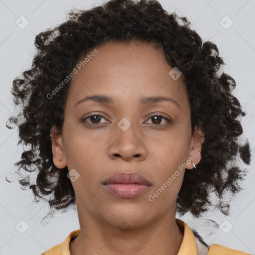 Neutral black young-adult female with medium  brown hair and brown eyes