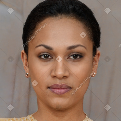 Joyful latino young-adult female with short  brown hair and brown eyes