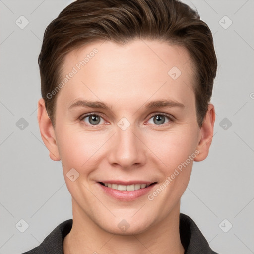 Joyful white young-adult female with short  brown hair and grey eyes